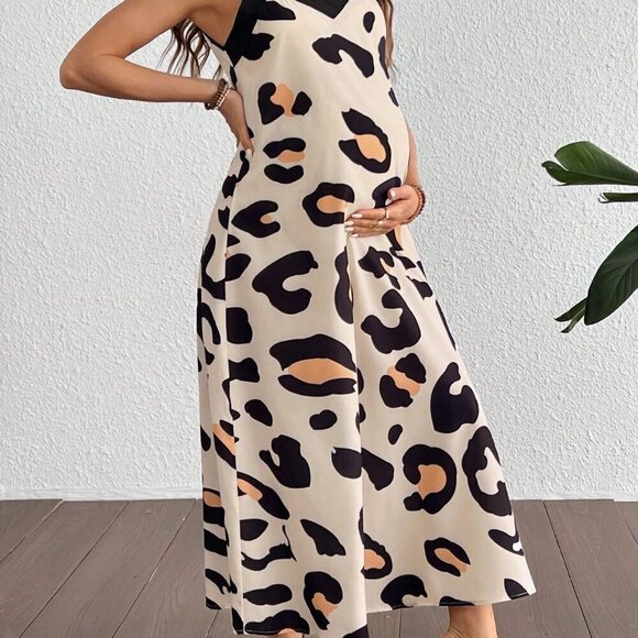 Multicolor Casual Women's Loose Maternity Leopard Print Camisole V-Neck Dress - Picture 5 of 5